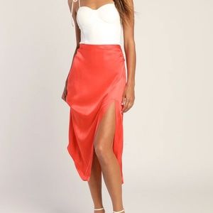 Undeniable Shine Coral Red Satin Slit Midi Skirt